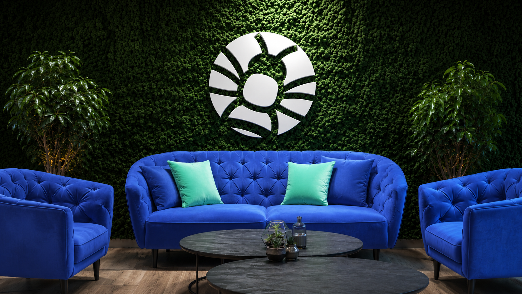 Webbee kontor med sofa og logo